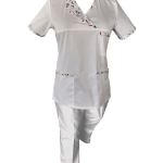 Costum Medical Pe Stil, Alb cu Elastan Cu Paspoal si Garnitură Stil Japonez, Model Nicoleta Image