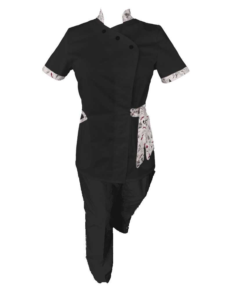 Costum Medical Pe Stil, Negru cu Elastan cu Garnitură, Model Andreea