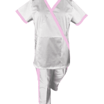 Costum Medical Pe Stil, Alb cu Elastan cu Garnitură roz si pantaloni cu dungă roz, Model Marinela Image