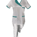 Costum Medical Pe Stil, Alb cu Elastan Cu Paspoal si Garnitură Turcoaz inchis, Model Nicoleta Image